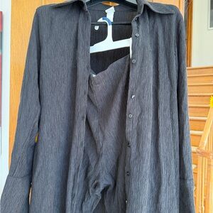 H&M Black Textured 2 Piece Set Shirt Pants Relaxed Fit Size M Minimalist